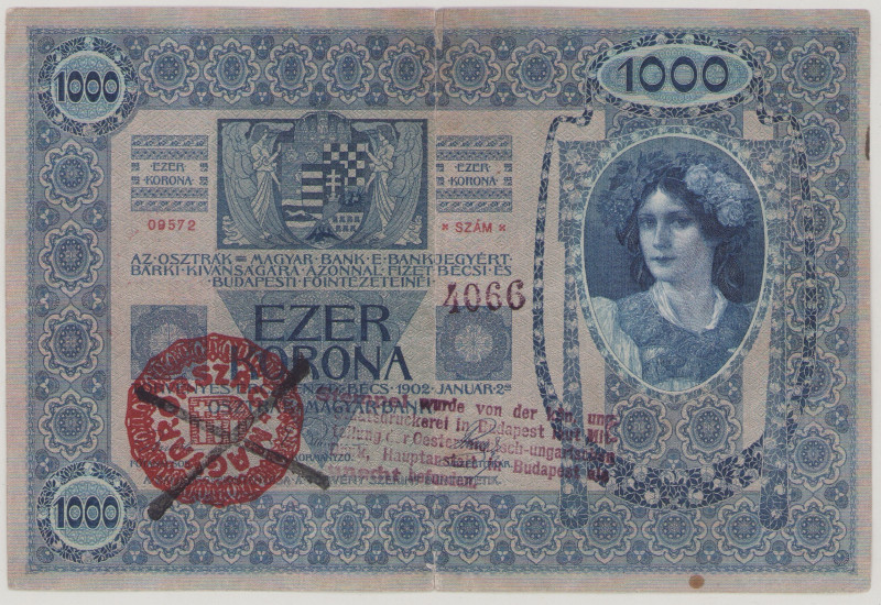 Hungary 1000 Korona, old date 2.1.1902, forged stamp: "MAGYARORSZÁG", add.stamp:...