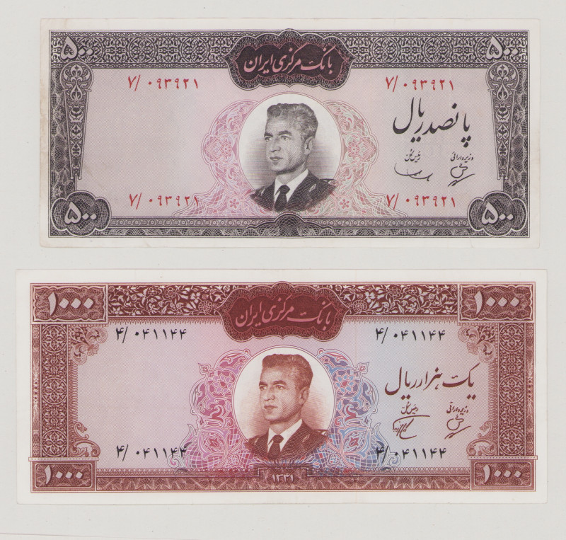 Iran, 1000 Rials, 1341 = 1962, P75, BNB B207a, VF, 500 Rials, ND, P82, BNB B212a...
