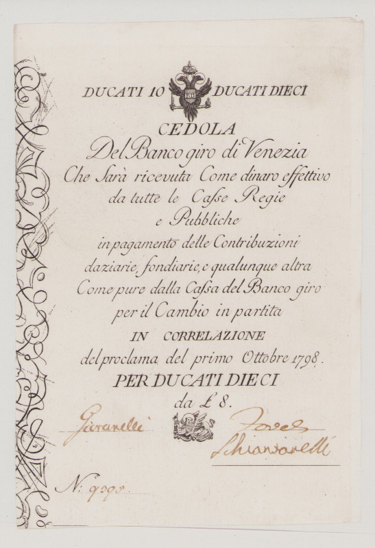 Italy, Lombardo-Veneto, Banco Giro di Venezia, 10 Ducati, 1.10.1798, N:9395, PS1...