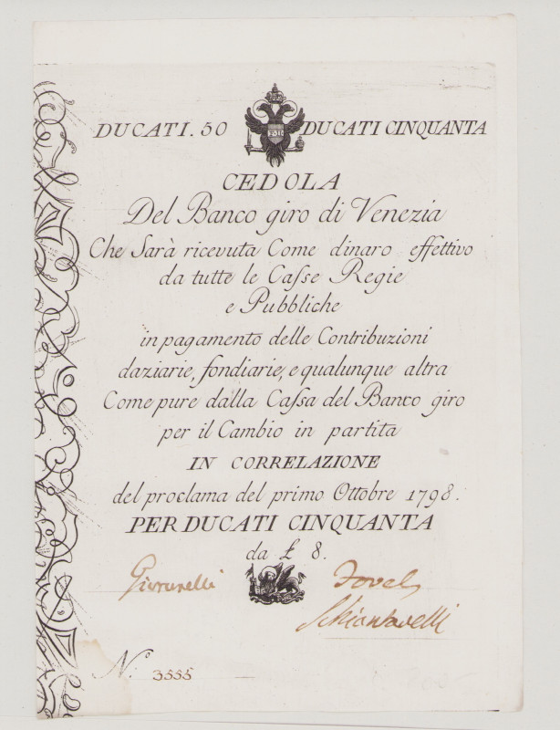 Italy, Lombardo-Veneto, Banco Giro di Venezia, 50 Ducati, 1.10.1798, N: 3555, PS...