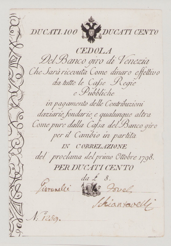 Italy, Lombardo-Veneto, Banco Giro di Venezia, 100 Ducati, 1.10.1798, N: 1259, P...