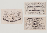 Italy, Venezia, Moneta Patriottica, 1, 2, 3 Lire Correnti, 1848, stamp on back, hand signature on back of 1 + 3 Lire, PS185, S186, S187, Alfa VEPA.10,...
