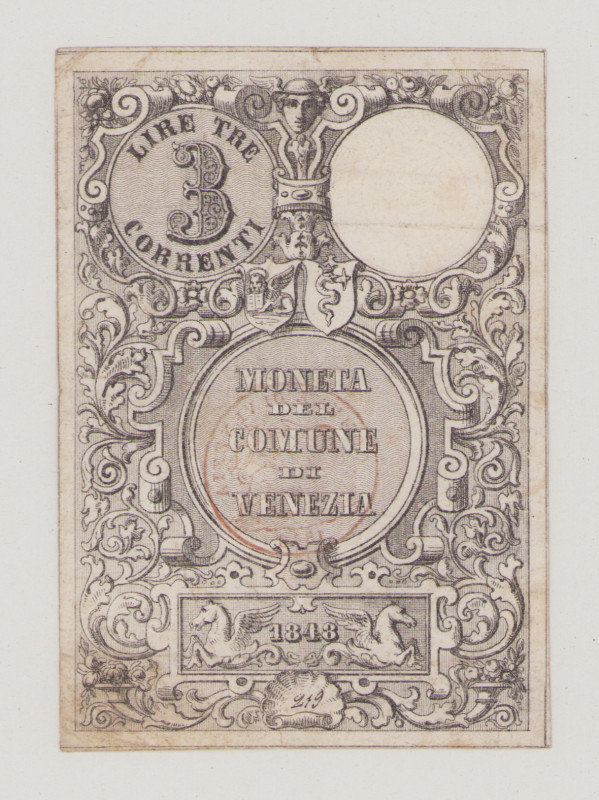 Italy, Comune di Venezia, 3 Lire Correnti, 1848, stamp and embossed seal, No.219...