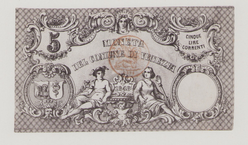 Italy, Comune di Venezia, 5 Lire Correnti, 1848, stamp and embossed seal, No.328...