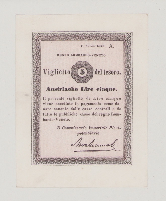 Italy, Lombardo-Veneto, Viglietto del tesoro, 5 Lire Austriache, 1.4.1849, 2 emb...