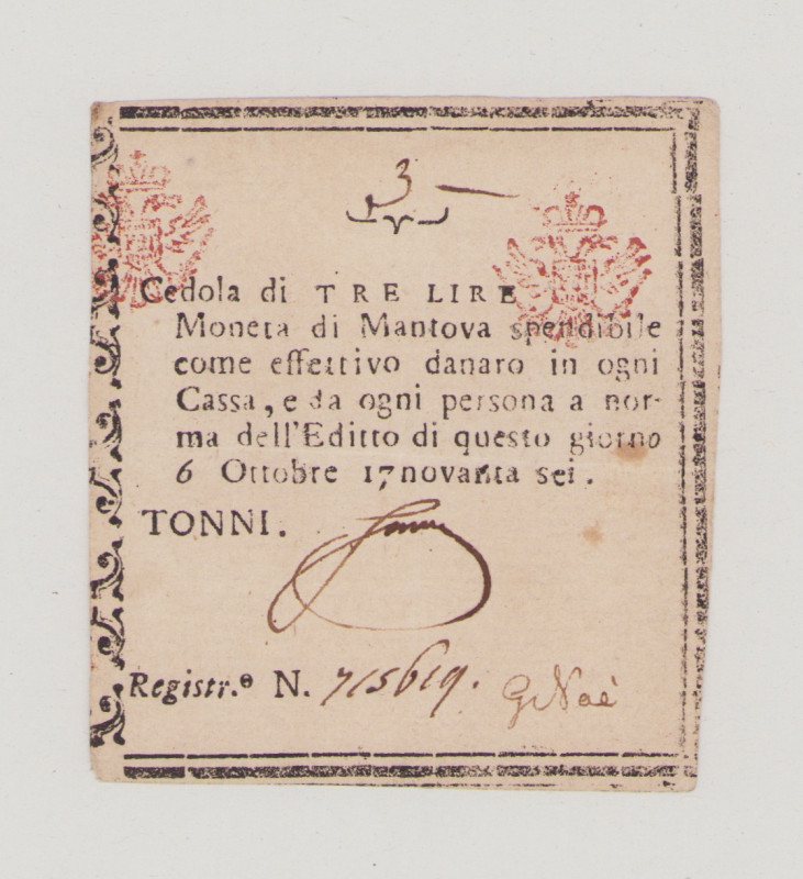 Italy, Siege of Mantova, 3 Lire, 6.10.1796, 2 stamps and 2 hand signatures, N.71...