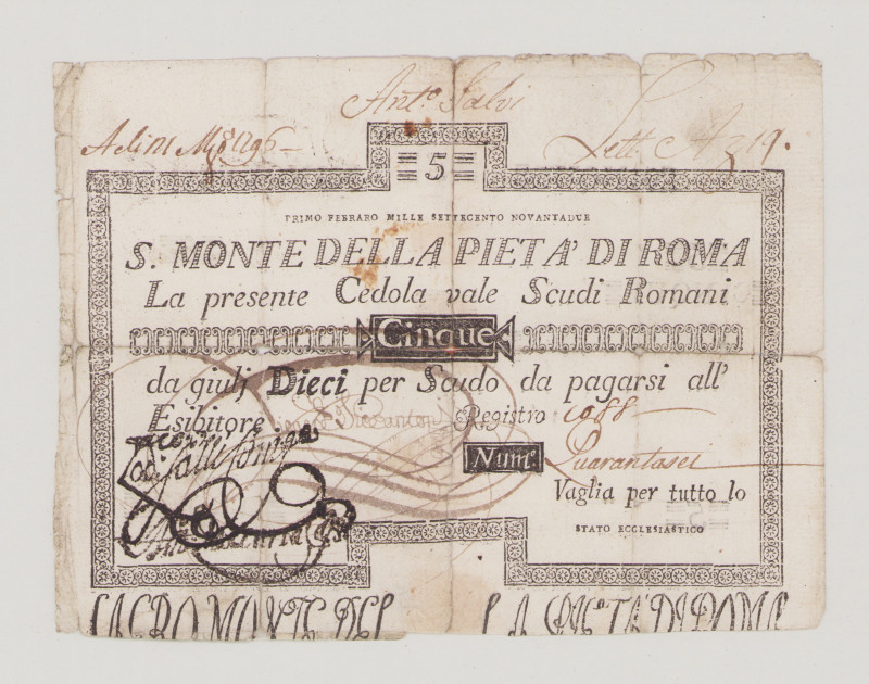 Italy, Stato Pontificio, S.Monte Della Pietá di Roma, 5 Scudi, 1.2.1792, PS303, ...