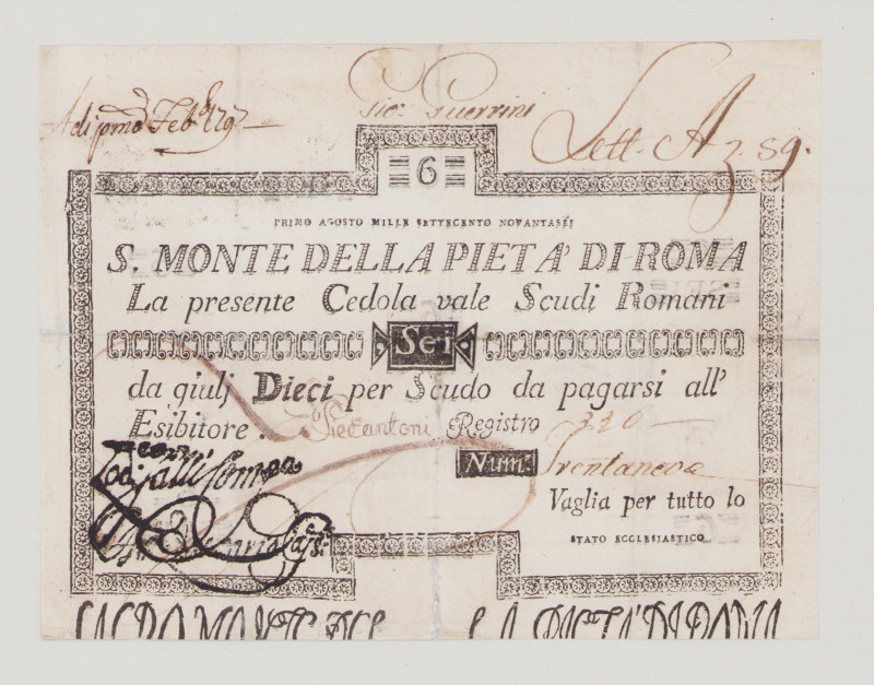 Italy, Stato Pontificio, S.Monte Della Pietá di Roma, 6 Scudi, 1.8.1796, PS304, ...
