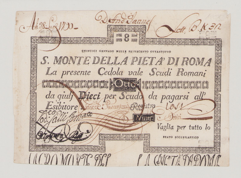 Italy, Stato Pontificio, S.Monte Della Pietá di Roma, 8 Scudi, 15.1.1788, PS306,...