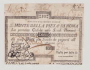 Italy, Stato Pontificio, S.Monte Della Pietá di Roma, 10 Scudi, 1.8.1796, PS308, Alfa SMP-C.94, Tipo 3, VF, tape on back

Estimate: 80-120