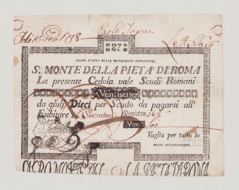 Italy, Stato Pontificio, S.Monte Della Pietá di Roma, 27 Scudi, 1.8.1796, PS325,...