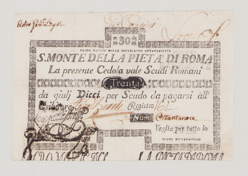 Italy, Stato Pontificio, S.Monte Della Pietá di Roma, 30 Scudi, 1.5.1797, PS328,...