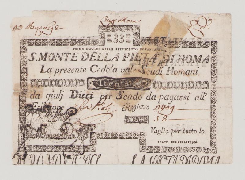 Italy, Stato Pontificio, S.Monte Della Pietá di Roma, 33 Scudi, 1.5.1797, PS331,...