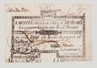Italy, Stato Pontificio, S.Monte Della Pietá di Roma, 40 Scudi, 1.5.1797, PS338, Alfa SMP-C.545, Tipo 3, AU, stains

Estimate: 200-300