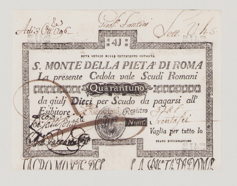 Italy, Stato Pontificio, S.Monte Della Pietá di Roma, 41 Scudi, 9.7.1790, PS339,...