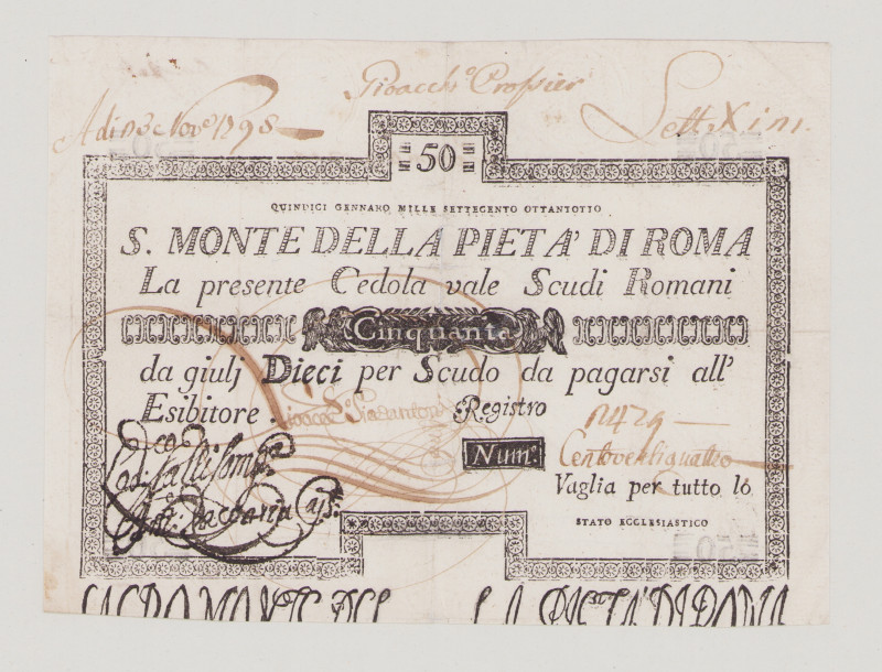 Italy, Stato Pontificio, S.Monte Della Pietá di Roma, 50 Scudi, 15.1.1788, PS348...