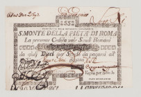 Italy, Stato Pontificio, S.Monte Della Pietá di Roma, 55 Scudi, 1.5.1797, PS349, Alfa SMP-C.710, Tipo 3, AU

Estimate: 250-350
