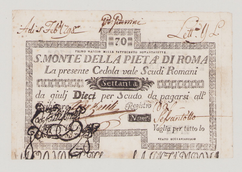 Italy, Stato Pontificio, S.Monte Della Pietá di Roma, 70 Scudi, 1.5.1797, PS352,...