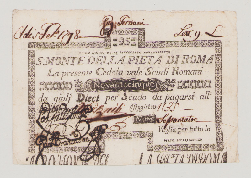 Italy, Stato Pontificio, S.Monte Della Pietá di Roma, 95 Scudi, 1.8.1797, PS357,...