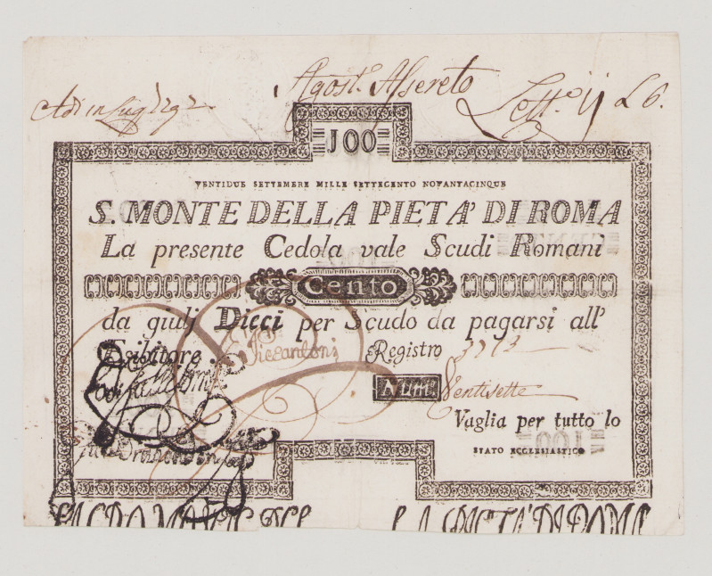 Italy, Stato Pontificio, S.Monte Della Pietá di Roma, 100 Scudi, 22.9.1795, PS35...