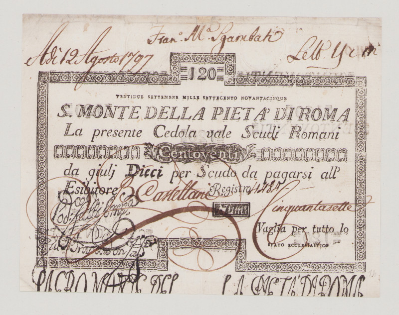 Italy, Stato Pontificio, S.Monte Della Pietá di Roma, 120 Scudi, 22.9.1795, PS36...