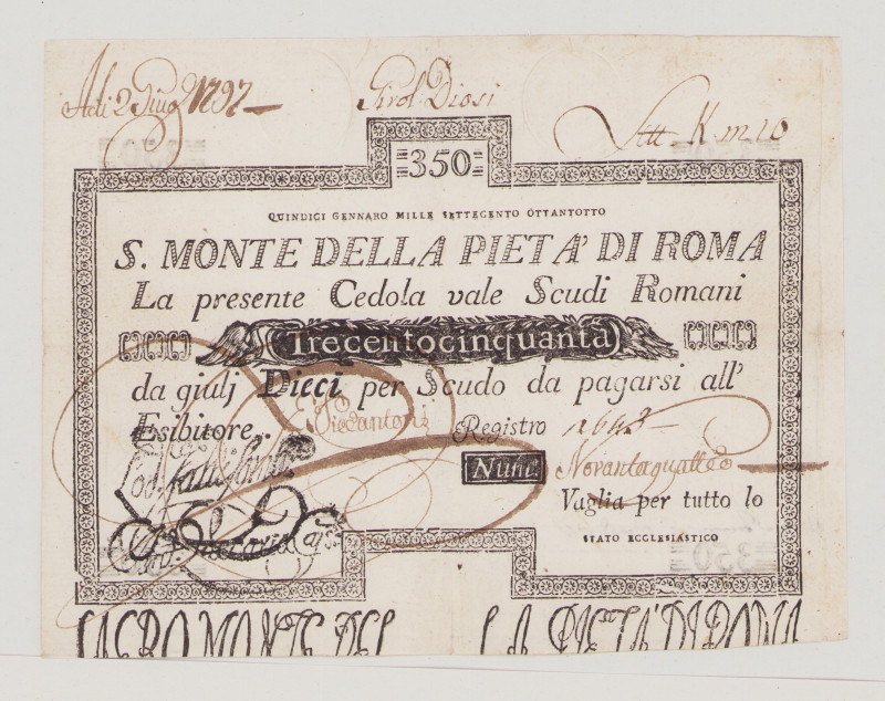 Italy, Stato Pontificio, S.Monte Della Pietá di Roma, 350 Scudi, 15.1.1788, PS36...