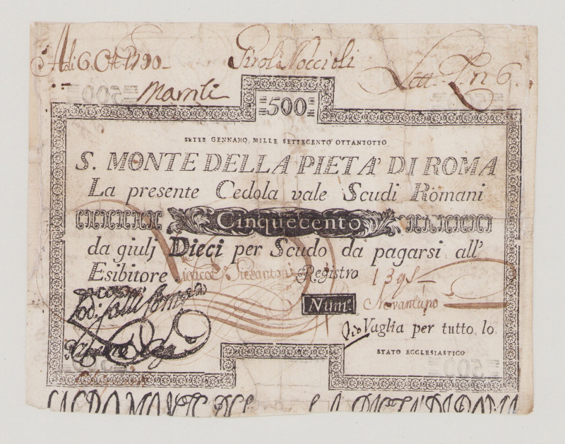 Italy, Stato Pontificio, S.Monte Della Pietá di Roma, 500 Scudi, 7.1.1788, PS370...