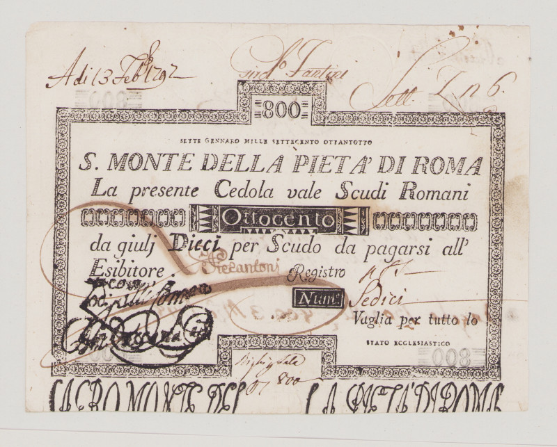 Italy, Stato Pontificio, S.Monte Della Pietá di Roma, 800 Scudi, 7.1.1788, PS373...