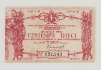 Italy, POW, WWI., Asinara, 10 Centesimi, SERIE B No.027,243, stamp and embossed seal in front, Campbell 5602, VF

Estimate: 170-270
