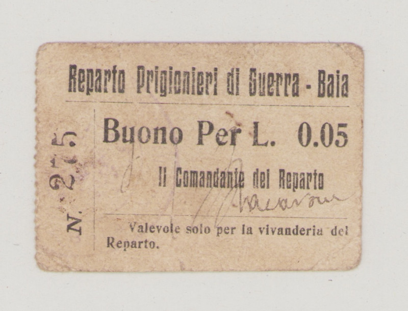 Italy, POW, WWI., Baia, 5 Centesimi, No.275, stamp in front, hand signature fron...