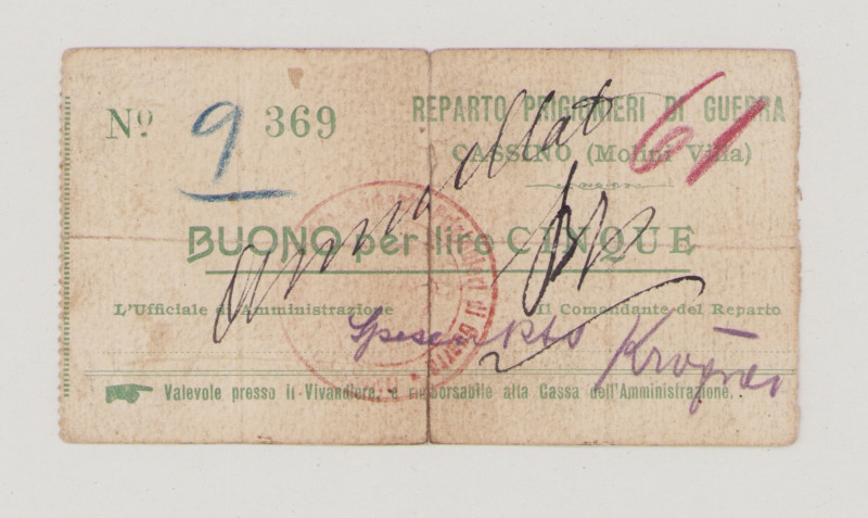 Italy, POW, WWI., Cassino (Molini Villa), 5 Lire, No.369, two signatures in fron...