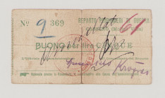 Italy, POW, WWI., Cassino (Molini Villa), 5 Lire, No.369, two signatures in front, handwritten 9, 61 and Annullat, Campbell not listed, F, split and r...