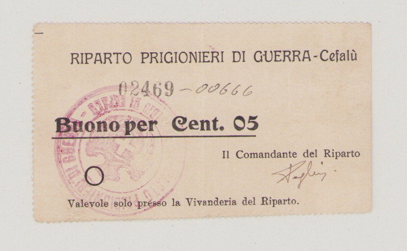 Italy, POW, WWI., Cefalú, 5 Centesimi, No.02469-00666, stamp and hand signature ...