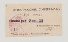 Italy, POW, WWI., Cefalú, 5 Centesimi, No.02469-00666, stamp and hand signature in front, larger format, Campbell not listed, VF

Estimate: 450-600