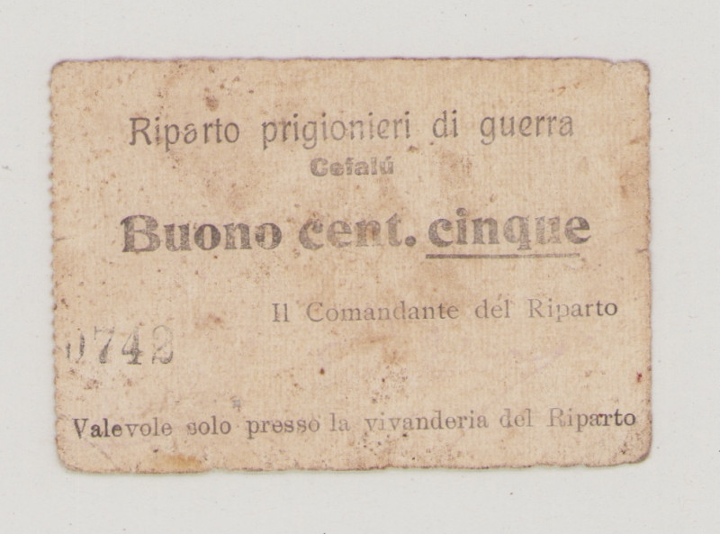 Italy, POW, WWI., Cefalú, 5 Centesimi, No.0742, stamp and signature in front (sl...