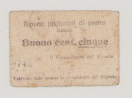 Italy, POW, WWI., Cefalú, 5 Centesimi, No.0742, stamp and signature in front (slightly faded away), smaller format, Campbell not listed, F

Estimate: ...
