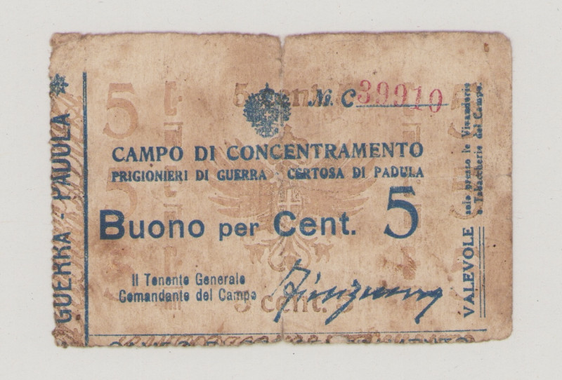 Italy, POW, WWI., Certosa di Padula, 5 Centesimi, No.C 39910, Campbell not liste...