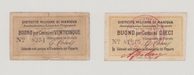 Italy, POW, WWI., Mantova, 10 Centesimi, No.81015b, stamp and hand signature in front, Campbell 5661, VF, 25 Centesimi, No.8354, stamp and hand signat...
