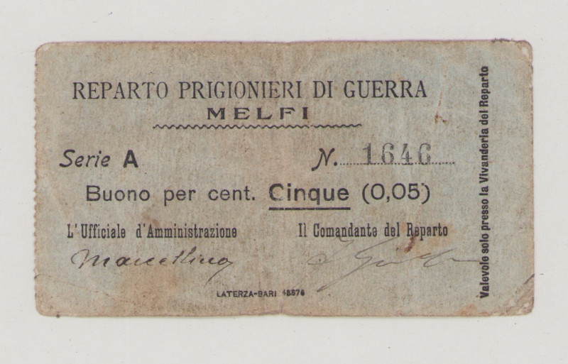 Italy, POW, WWI., Melfi, 5 Centesimi, No.1646 two hand signatures in front, Camp...