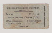 Italy, POW, WWI., Melfi, 5 Centesimi, No.1646 two hand signatures in front, Campbell not listed, F/VF

Estimate: 350-500