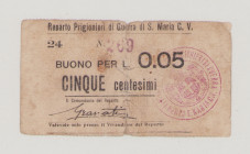 Italy, POW, WWI., S.Maria C.V., 5 Centesimi, No.269, stamp and hand signature in front, Campbell not listed, VG/F

Estimate: 300-450