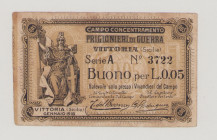 Italy, POW, WWI., Vittoria, 5 Centesimi, 1918, Serie A, No.3722, Campbell 5745, VF

Estimate: 250-350