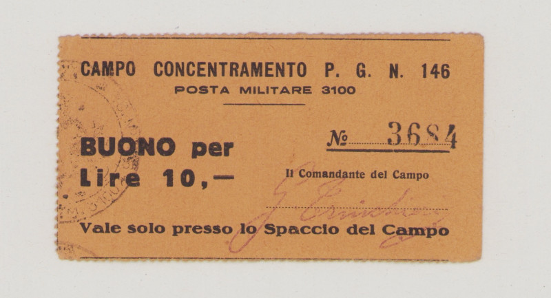 Italy, POW, WWII., Campo Concentramento P.G.146 , 10 Lire, No.3684, stamp and fa...