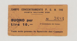 Italy, POW, WWII., Campo Concentramento P.G.146 , 10 Lire, No.3684, stamp and facs. signature in front, Campbell 6246, EF

Estimate: 200-300