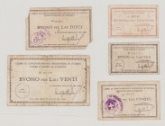 Italy, POW, WWII., Campo Concentramento P.G.Fonte d'Amore di Sulmona, 50 Centesimi, 1, 5, 10, 20 Lire, stamp in front, Campbell 6321, 6322, 6323, 6324...