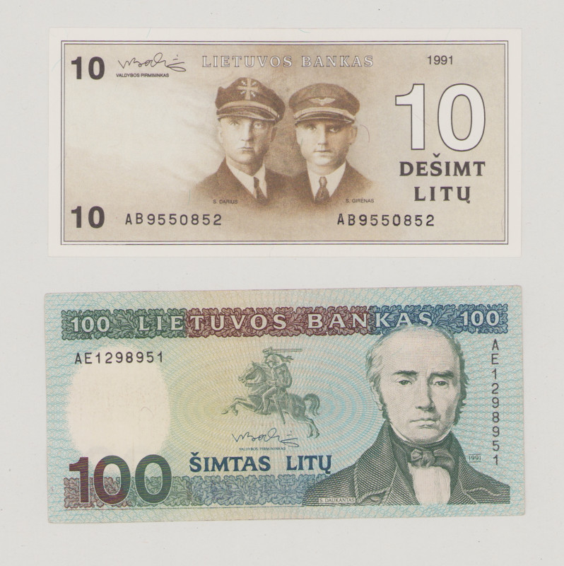 Lithuania, 10 litu, 1991, AB 9550852, P47b, BNB B158c, VF, 100 Litu, 1991, AE 12...