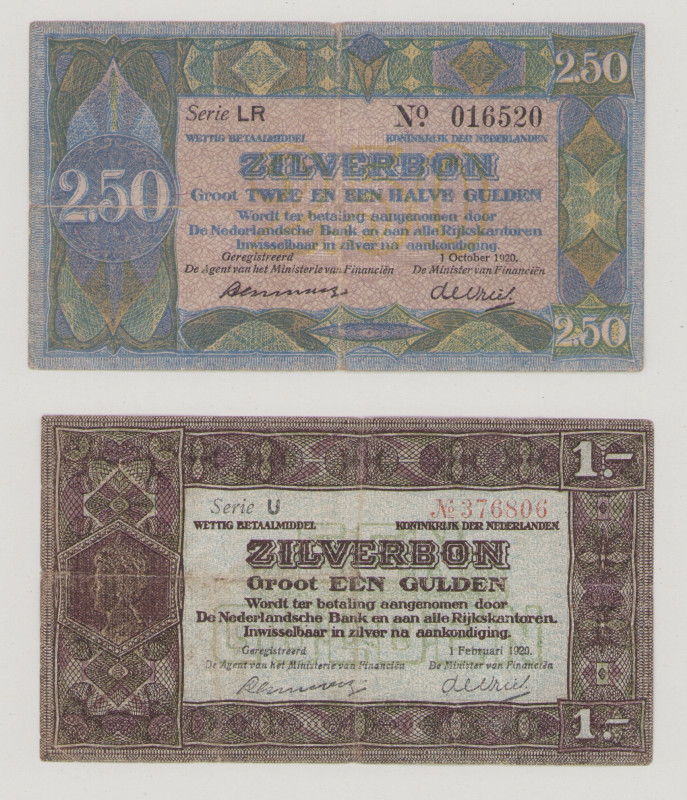 Netherlands, 1 Gulden 1.2.1920, Serie U No.376806, 2,50 Gulden, 1.10.1920, Serie...