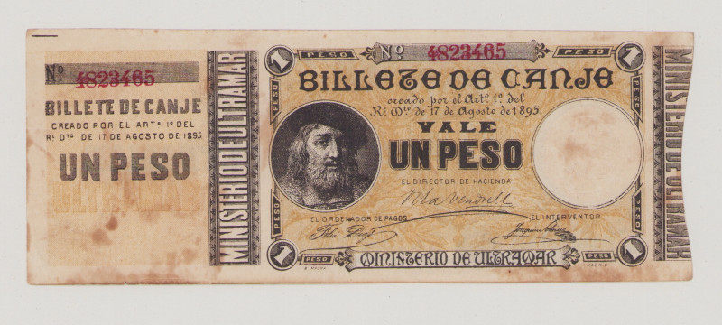 Puerto Rico, 1 Peso, 17.8.1895, No.4823463, with full counterfoil, P7a, VF/EF, s...