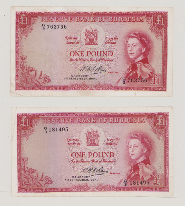 Rhodesia, 1 Pound, 4.9.1964, G/2 763756, 1 Pound, 7.9.1964, G/3 181495, P25a, BN...
