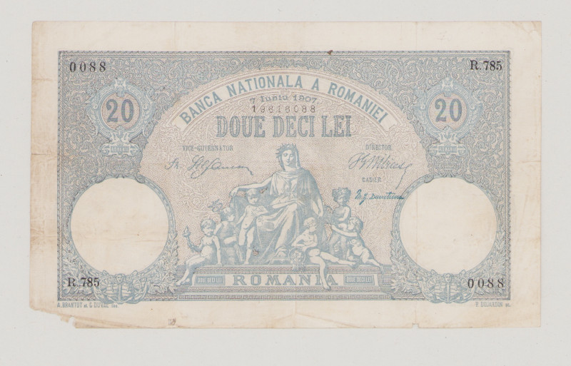 Romania, 20 Lei, 7.6.1907, R.785 0088, P16, BNB B206e1, F/VF, missing bottom lef...